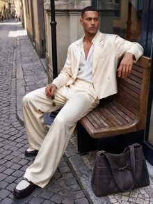 HIMLAND Men's Solid Color Long Sleeve Jacket And Pants Casual Suit Set - Apricot - View 5