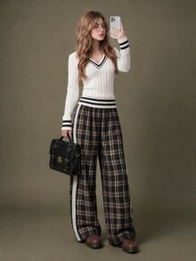 Elnivra Women's Casual Plaid Lace Patchwork Pocket Long Pants - Black - View 7