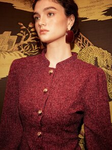 BELROSIE Gaun Panjang Wanita Elegan, Modis, Nyaman, dan Kasual dengan Desain Kancing Logam - Burgundy - View 8