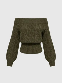 ROMWE Spring Casual Romantic Thick Knit Z-Pattern Deep Floral Gray Off-Shoulder Lantern Sleeve Pullover Sweater - Army Green - View 2