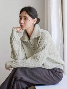 Dazy-Less Women's Autumn/Winter Apricot Round Neck Long Sleeve Cable Knit Fitted Ribbed Casual Sweater - Apricot - View 5