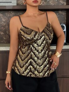 Dazy Plus Banquet V-Neck Spaghetti Strap Sequin Decor Slim Fit Black & Gold Party Style Tank Top - Gold - View 8