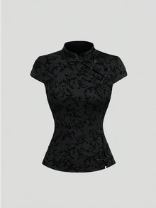 Sweetra CURVE Women's Black Stand Collar Asymmetrical Flocked Side Slit Chinese Style Top - Black - View 1