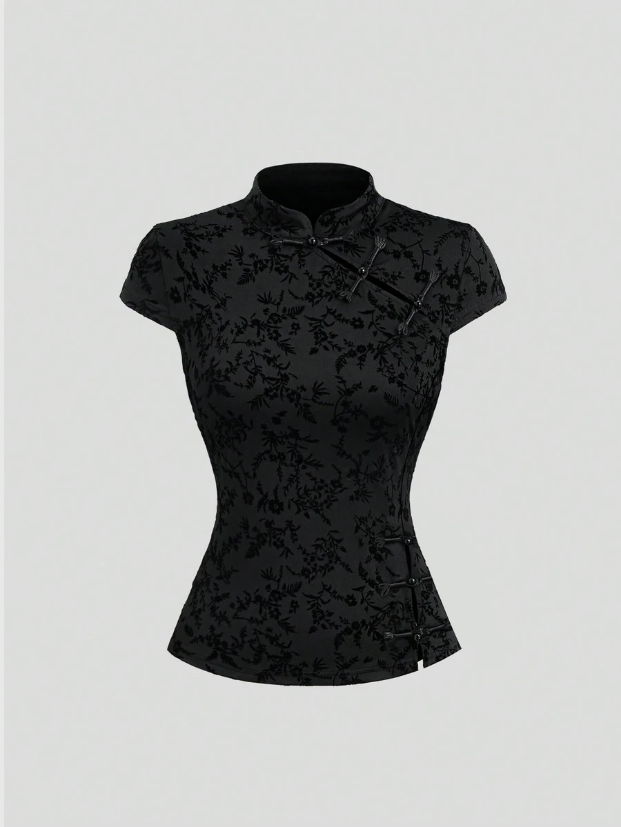 Sweetra CURVE Women's Black Stand Collar Asymmetrical Flocked Side Slit Chinese Style Top - Black - View 1