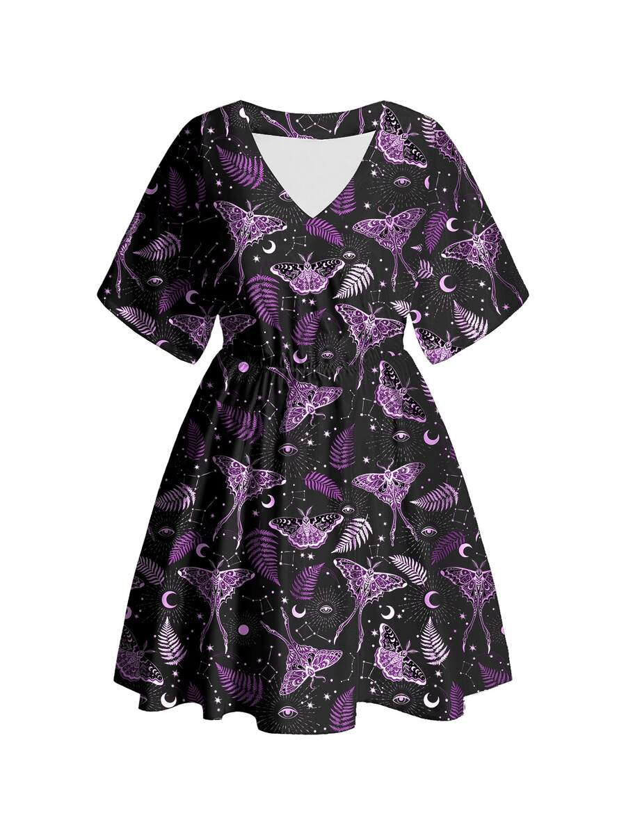 ROMWE Goth 深色嬉皮風蝴蝶刺繡太陽月亮星星暗黑龐克辣妹哥德神秘感V領大尺碼洋裝 - 黑色 - 查看 1