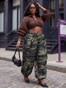 Slaydiva Plus Size Camo Print Cargo Pants, High Waist Multi Pocket Baggy Wide Leg Streetwear Trousers - Green - View 5