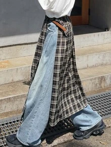 FRIFUL Women's Plaid Side Buckle Design Slit Skirt - Black - View 4