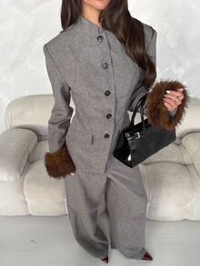 Aloruh Women's Autumn/Winter Dark Gray Suit Set, Faux Fur Patchwork Jacket, Elegant Commuter Outfit - Dark Grey - View 5