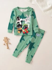 LOONEY TUNES X SHEIN 男嬰卡通印花長袖上衣與內搭褲家居服套裝 - 綠色 - 查看 1