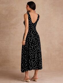 SHEIN 頂級夏季浪漫法式女款優雅棕色與白色波點船領日常日用早午餐茶會長洋裝，度假、舞會禮服 - 黑色 - 查看 7