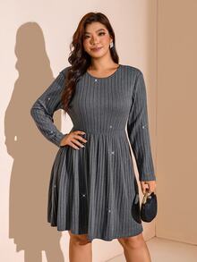 SHEIN LUNE Plus Size Women's Dress, All Season Long Sleeve Round Neck Umbrella Skirt Knee Length With Pockets Ribbed Shiny Casual Daily Party Fall - Grey - View 4