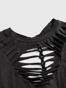 ROMWE Grunge Punk Women's Y2K Punk Sexy Distressed Design Slim Fit Solid Color Versatile T-Shirt - Black - View 3