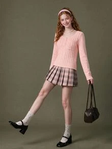 Elnivra Women's Button Half-Placket Long Sleeve Pocket Cable Knit Pullover Sweater - Pink - View 5