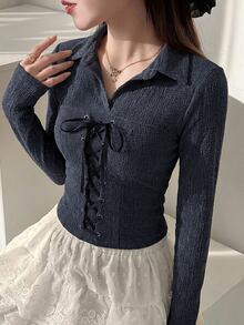 DAZY 秋季女款修身拼接繫帶 Polo 衫，優雅哥德風長袖 T-shirt 上衣，適合婚禮、夜晚外出與派對，可愛上衣 - 藍色 - 查看 2