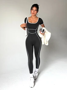SHEIN Dewbera Women's Square Neck Short Sleeve Piped Trim Daily Fitness Sports Jumpsuit - Black and White - View 1