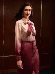MOTF PREMIUM BLUS LENGAN PANJANG GRADASI UNTUK WANITA, UNTUK PERJALANAN SEHARI-HARI - Burgundy - View 5
