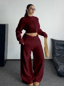 POPSWAY Plus Size Women's Spring/Autumn/Winter Vintage Cable Knit Slouchy Relaxed Fit Solid Apricot High Waist Casual Wide Leg Knit Sweater Pants With Pockets, Suitable For Daily Commute/Home Leisure/Outing Date/Fashion Versatile/Spring/Autumn/Winter Outfit - Burgundy - View 6