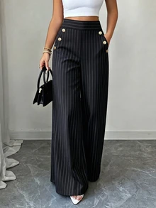 SHEIN LUNE CURVE Plus Striped Print Button Decor Wide Leg Pants Fall - Black - View 3