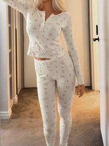 DAZY Women's All-Over Print Long Sleeve Top And Pants Casual Daily Home Pajama Set - White - View 1