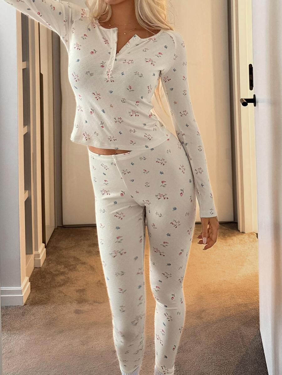 DAZY Women's All-Over Print Long Sleeve Top And Pants Casual Daily Home Pajama Set - White - View 1