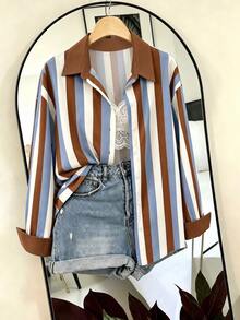 Trelyra Plus Size Casual Striped Colorblock Single-Breasted Long Sleeve Shirt - Multicolor - View 5