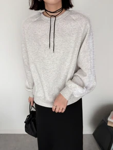 FRIFUL Women's Round Neck Raglan Long Sleeve Patchwork Ruffle Mesh Casual Sweatshirt - Grey - View 3