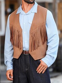 DREXORIN Plus Size Vintage Western Cowboy Fringe Style Vest - Brown - View 4