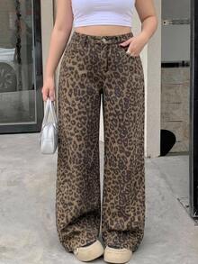 Dazy Plus Leopard Print All-Over Street Casual Y2k 90s Blogger Style Straight Leg Denim Jeans Going Out Birthday Brown - Khaki - View 5