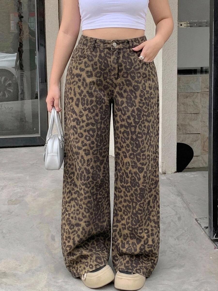 Dazy Plus Leopard Print All-Over Street Casual Y2k 90s Blogger Style Straight Leg Denim Jeans Going Out Birthday Brown - Khaki - View 1