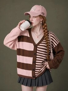Elnivra Women's Drop Shoulder Long Sleeve Casual Asymmetric Color Block Striped Cardigan - Dusty Pink - View 6