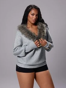 Rustia Casual Faux Cable Knit Batwing Sleeve Asymmetrical Shoulder V-Neck Sweatshirt Top - Grey - View 5