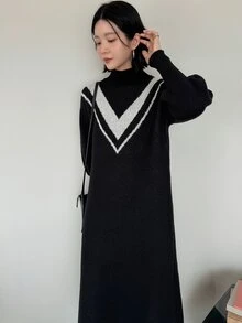 FRIFUL Women's Colorblock Casual Everyday Knit Dress Fall Work Black And White Striped - Black - View 3