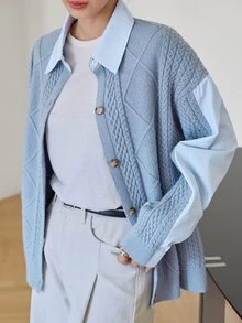 Dazy-Less Fall/ Foggy Blue Round Neck Button Cable Knit Long Sleeve Slim Fit Ribbed Cardigan For Women Office Everyday Casual Preppy - Dusty Blue - View 5