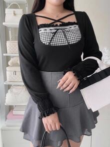 Dazy Plus Early Fall New Korean Style Neck Tie Bow Patchwork Plaid Cuffed T-Shirt Birthday Going Out Black Romantic Elegant - Black - View 5