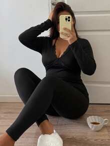 Dazy Plus Elegant Contrast Lace Fitted Top & Pants 2-Piece Set, Home Wear, Autumn/Winter Pajama Set - Black - View 6