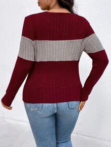 EMERY ROSE Plus Size Contrast Color Round Neck Ribbed Long Sleeve Casual T-Shirt Tees Women Tops For Spring Fall Cloth For Women - Multicolor - View 2