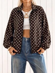 SHEIN EZwear 女款波點拉鍊休閒百搭長袖夾克 - 棕色 - 查看 4
