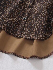 SHEIN 青少年女孩棕色豹紋長袖鈕扣襯衫，休閒動物印花街頭風秋季上衣 - 棕色 - 查看 7