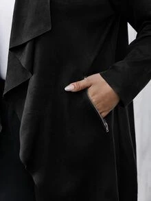 SHEIN Clasi 大尺碼女款瀑布領長袖開襟夾克外套 冬季 - 黑色 - 查看 4