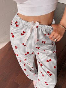 Napfluff Women's Striped Heart Print Bow Decor Waist Pajama Pants - Grey - View 5