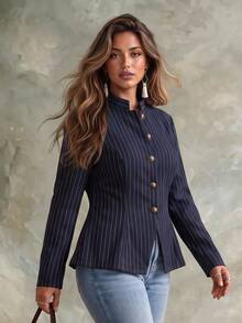 Flirla Plus Size Woven Navy Vintage Smart Business Casual Elegant Bronze Button Stand Collar Long Sleeve Cinched Waist A-Line Office Work Formal Jacket Fall - Navy Blue - View 4