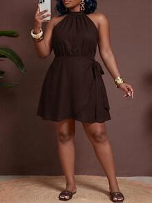 Veslaya Plus Size Women Solid Color Side Knot Halter Neck Fashion Dress - Rust Brown - View 6