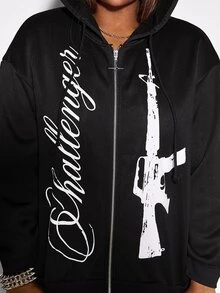 ROMWE Grunge Punk Plus Size Women's Letter Print Long Sleeve Zip-Up Hooded Sweatshirt - Black - View 6