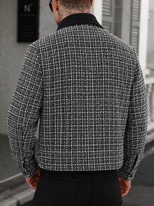 Manfinity Mode 男士拼色翻領拉鍊短款羊毛夾克，紋理休閒大衣，百搭秋冬上衣，萬聖節/聖誕節/新年穿搭，送給男友/丈夫的完美節日禮物 - 深灰色 - 查看 2