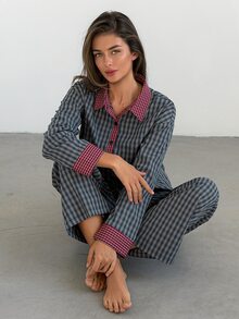 DAZY Women's Plaid Single-Breasted Long Sleeve Top And Pants Pajama Set - Blue - View 5