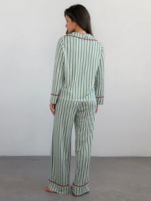 DAZY Women's Striped Bow Decor Long Sleeve Top And Pants Pajama Set - Green - View 2
