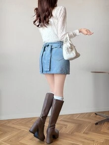 FRIFUL Women's Fashion Versatile Daily Casual Denim Mini Skirt - Blue - View 5