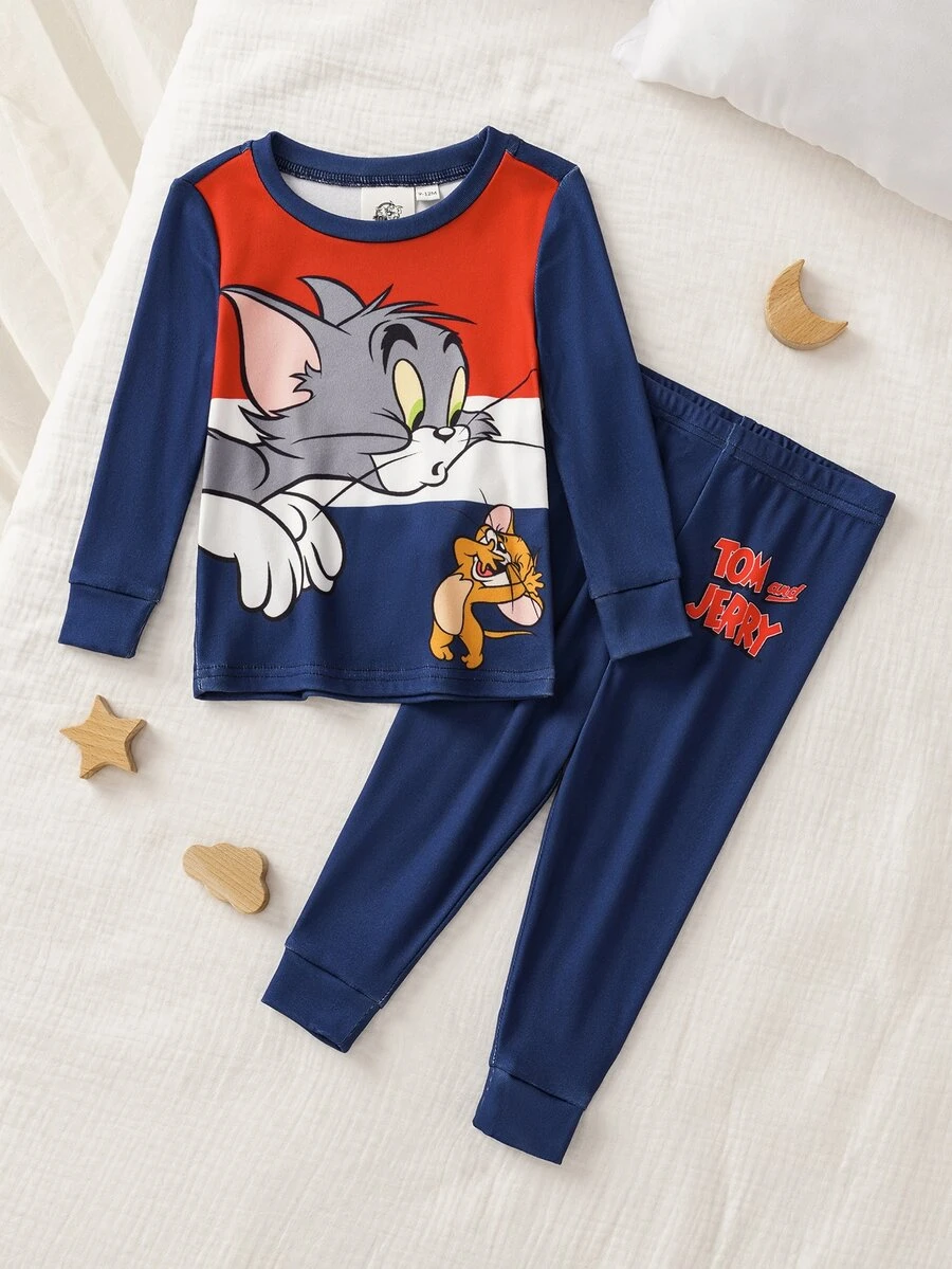TOM & JERRY X SHEIN 男嬰卡通印花長袖上衣與長褲居家服 TOM & JERRY - 藏蓝色 - 查看 1