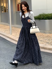 DAZY Women's Plaid Spaghetti Strap Loose Long Dress - Blue - View 6