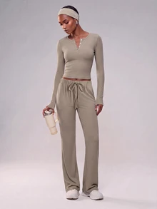 Zivah Women's Olive Green Fashion Slim Fit Long Sleeve Straight Leg Pocket Pants Sportswear Set Athletic Casual Workout For Fall Winter - Brown - View 10